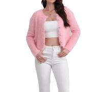 NAMLAY Cardigan à col ras du cou pour femme, cardigan en mohair, cardigan pelucheux à manches longues et boutons courts en tricot, rose, Taille unique