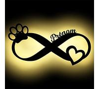 Namofactur Lampe Led Murale En Bois Gravé - Veilleuse Déco Signe Infini Avec Patte, Cœur Et Nom Personnalisé Pour Les Propriétaires De Chiens - Souvenir, Commémoration Pour Animaux De Compagnie