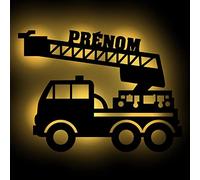 Namofactur Lampe Murale Led Modèle Camion Pompier - Veilleuse Déco en Bois Avec Prénom, Personnalisable - Idée De Cadeau D' Anniversaires, Baptêmes, Naissance Pour Garçons et Filles.