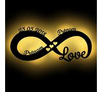 Namofactur Lampe Murale Led Modèle Signe d'Infini - Veilleuse Déco en Bois Avec Deux Prénoms et Date Personnalisable - Idée De Cadeau D' Anniversaires, Baptêmes, Naissance Pour Garçons et Filles.