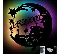 Namofactur Lampe USB Murale Avec Changement de couleur - Veilleuse Ours sur la lune - Prénom, Date De Naissance Personnalisable - Idée De Cadeau Pour Naissance