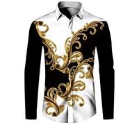 Namufeitrade Chaîne de Luxe en Forme de Fleur dorée imprimée en 3D Chemise à Manches Longues pour Hommes Décontracté Streetwear Chemises à Boutons à Revers