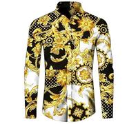 Namufeitrade Chaîne de Luxe en Forme de Fleur dorée imprimée en 3D Chemise à Manches Longues pour Hommes Décontracté Streetwear Chemises à Boutons à Revers