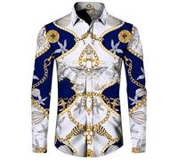 Namufeitrade Chaîne de Luxe en Forme de Fleur dorée imprimée en 3D Chemise à Manches Longues pour Hommes Décontracté Streetwear Chemises à Boutons à Revers
