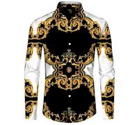 Namufeitrade Chaîne de Luxe en Forme de Fleur dorée imprimée en 3D Chemise à Manches Longues pour Hommes Décontracté Streetwear Chemises à Boutons à Revers