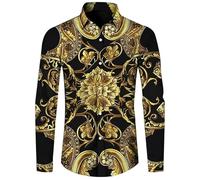 Namufeitrade Chaîne de Luxe en Forme de Fleur dorée imprimée en 3D Chemise à Manches Longues pour Hommes Décontracté Streetwear Chemises à Boutons à Revers
