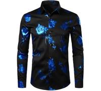 Namufeitrade Chemises Hommes Nightclub Golden Floral Shirts Fleur de Rose imprimée en 3D Slim Fit Button Down Party Shirt Casual Manches Longues Plus Size Tops