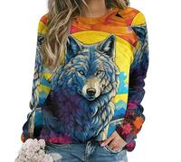 Namufeitrade Femmes colorées Lone Wolf 3D Imprimer Sweatshirts Automne Cou Rond Manches Longues Pullover Tops décontracté Plus Taille Sweat
