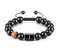 Namvo Bracelets Initiales J Faits À La Main En Onyx Noir Naturel, Perles En Pierre Œil De Tigre, Corde Tressée, Bracelet Significatif