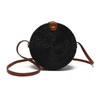 Namzi Sac à bandoulière rond en rotin, 1 pièce, noir, style littéraire rétro, polyvalent pour un usage quotidien, sac à main tendance en rotin indispensable