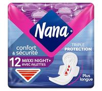 Nana Maxi Goodnight x12 - Serviettes Hygiéniques Nuit avec Ailettes - Serviettes Hygiéniques Flux très Abondant