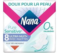 Nana PureSensitive Serviettes Hygiéniques Ultra Nuit Plus pour la Nuit - Flux Très Abondant - 0 % Allergène*, Parfum, Colorant - 8 Serviettes avec Ailettes