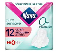 Nana PureSensitive Serviettes Hygiéniques Ultra Régulier Plus - Flux Modéré - 0 % Allergène*, Parfum, Colorant - 12 Serviettes avec Ailettes