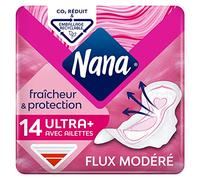 Nana Ultra Régulier Plus Fraîcheur et Protection Serviettes Hygiéniques - Flux Modéré - Voile de Surface Ultra-Respirant - 14 Serviettes avec Ailettes