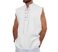 NANAMEEI Chemise Lin Homme sans Manches Costume Pirate Homme Tunique Medieval Chemise à Lacet Viking Blanc XL