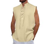 NANAMEEI Chemise Lin Homme sans Manches Costume Pirate Homme Tunique Medieval Chemise à Lacet Viking Kaki XL