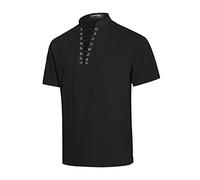 NANAMEEI Chemise Medievale Homme Manches Courtes en Lin et Coton Costume Pirate Vintage Col Mao Tunique Lacet Viking Noir XL
