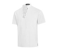 NANAMEEI Chemise Medievale Homme Manches Courtes en Lin et Coton Costume Pirate Vintage Col Mao Tunique Lacet Viking Blanc 3XL
