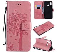 nancencen Coque Compatible avec Huawei P30 Lite/Nova 4e - Cuir Flip Étui/Portefeuille Case Cover Housse TPU Silicone - Arbre et Chat - Rose