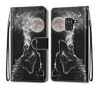 nancencen Coque Compatible avec Samsung Galaxy SM-A530F / A8 2018, Flip Étui Housse Wallet Fente pour Carte Case - Loup Noir