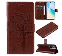 nancencen Coque Compatible avec Vivo Y76 5G - Cuir Flip Étui/Portefeuille Case Cover Housse TPU Silicone - Arbre et Chat - Coffee Brown