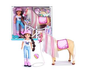 NANCY NAC49000 Poupée de mode avec cheval, accessoire de soins, éponge qui change la couleur de la crinière, pour garçons et filles à partir de 3 ans, Famosa