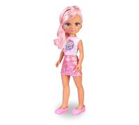 Nancy Shine NAC70210 Poupée aux Cheveux Longs avec mèches métallisées de Couleur Rose, Robe de Jupe Rose métallisée et Haut Blanc et Chaussures Roses Assorties 3 Ans