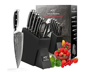 NANFANG BROTHERS Ensemble de Couteaux de Cuisine en Acier Damassé de 19 Pièces Idéal pour les Chefs et les Passionnés de Cuisine. Livré dans une Belle Boîte Cadeau avec Aiguiseur et Ciseaux