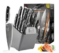 NANFANG BROTHERS Set de Couteaux de Cuisine en Acier Damas avec Poignées Martelées et Bloc de Bois, Ensemble de 18 Lames de Couteaux en Acier Damas Supérieur Couteau de Cuisine Damas Tranchant