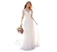 Nanger Robe de mariée à manches longues, en dentelle et mousseline de soie, col en V, style boho - Blanc - Taille 32