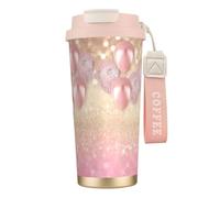 nanger Tasse à café isotherme en acier inoxydable 316 avec couvercle anti-fuite, motif ballon pailleté, rose