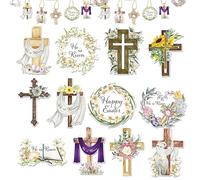 Nankoyal Lot de 24 décorations de Pâques chrétiennes pour petit arbre de Pâques - Décoration de Pâques religieuse en bois rustique « He Is Risen » à suspendre - Décoration de Pâques chrétienne pour