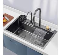 Nano Waterfall, Poste de Travail À Cuve Unique En Acier Inoxydable 304, Avec Robinet Extractible Utilitaire Eau Chaude/Eau Froide, Commande de Vidange Par Bouton, Lave-Tasses, Bassine, Panier de Vidan