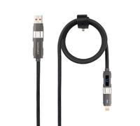 NANOCABLE 10.01.2501 - Câble USB-C 2.0 27 W avec affichage numérique, USB-C+USB-A/M vers connecteur Apple+USB-C/M, 1 m, Noir