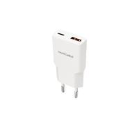 Nanocable Chargeur Secteur 20W Blanc - USB-C Power Delivery + USB 2.0 - 100-240V, 50/60Hz - Sortie 5-12V, 3A Max - Compatible Smartphone, CE/RoHS