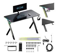 NanoRS RS102 Bureau de Jeu 120 x 60 cm Noir avec éclairage LED RVB 18 Modes USB et Adaptateur ARGB Support Casque Porte-gobelet Pieds antidérapants Design Moderne capacité de Charge 75 kg pour Jeu