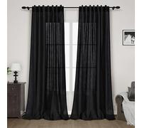Nanspring Rideaux transparents en lin noirs de 228 cm de long avec languette arrière et passe-tringle pour chambre à coucher, style ferme moderne en mousseline, rideaux en coton texturé noir de 228 cm