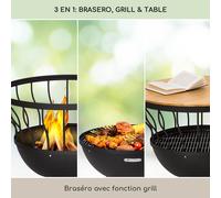 Nantai 3-en-1 brasero barbecue & table Ø 66 cm Grille de cuisson : Ø 50 cm acier dessus de table en bambou