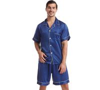 Nanxson Homme Set De Pyjamas en Satin Nuitée Classique Boutonnée Ensembles 2 Pièces Chemise Manches Courtes Top Et Shorts Ensemble Vêtements De Détente(XL,Bleu Foncé)