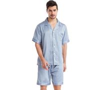Nanxson Homme Set De Pyjamas en Satin Nuitée Classique Boutonnée Ensembles 2 Pièces Chemise Manches Courtes Top Et Shorts Ensemble Vêtements De Détente(S,Bleu Gris)