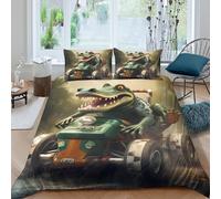 NAOFEKUID Crocodile de Course 3D Imprimé Housse de Couette Microfibre Décoration Chambre Ensemble de Literie Alligator Dessin Animé Doux Respirant pour Ados Adultes Single（135x200cm）