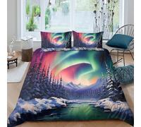 NAOFEKUID Forêt d'Aurore Housse de Couette 3D Imprimée Microfibre Décoration Chambre Ensemble de Linge de Lit Lumières du Nord Adulte Super King（260x220cm）