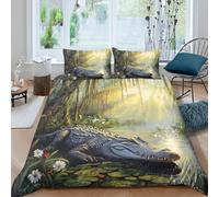 NAOFEKUID Housse de Couette 3D Impression Alligator Forêt Microfibre Décoration Chambre Parure de Lit Animaux Sauvages Doux Respirant pour Adultes Adolescents Single（140x200cm）