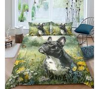NAOFEKUID Housse de Couette 3D Impression Bouledogue Français Fleurs Microfibre Respirant Parure de Lit Chien Chambre pour Adultes Adolescents Double（200x200cm）