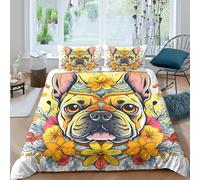 NAOFEKUID Housse de Couette 3D Imprimé Bouledogue Français Cartoon Microfibre Ensemble de Linge de Lit Fleurs Chien Doux Respirant Décoration Chambre Single（140x200cm）