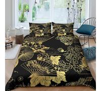 NAOFEKUID Housse de Couette 3D Imprimée éventails dorés Microfibre Décoration Chambre Parure de Lit Feuilles Orientales pour Adultes Jeunes King（220x240cm）