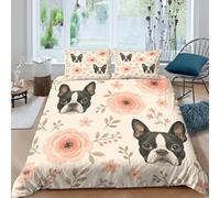 NAOFEKUID Housse de Couette Bulldog français Fleurs Impression 3D Microfibre déco Chambre Parure de lit Chien Floral Doux Respirant Adultes Ados Single（140x200cm）