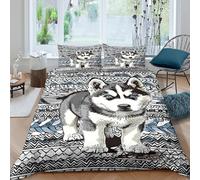 NAOFEKUID Housse de Couette Husky Cartoon 3D Imprimée Microfibre Décoration Chambre Ensemble de Literie Chien Animal Doux Respirant pour Ados Adultes Single（135x200cm）