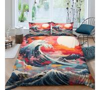NAOFEKUID Housse de Couette Imprimée 3D Motif Vague de Coucher de Soleil Microfibre Décoration de Chambre Parure de Lit Vagues Doux Respirant Toutes Saisons Single（140x200cm）