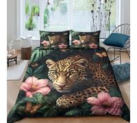 NAOFEKUID Housse de Couette Léopard Jungle 3D Imprimée Parure de Lit Microfibre Motif Floral Décoration Chambre Animaux pour Maison Étudiant Single（140x200cm）